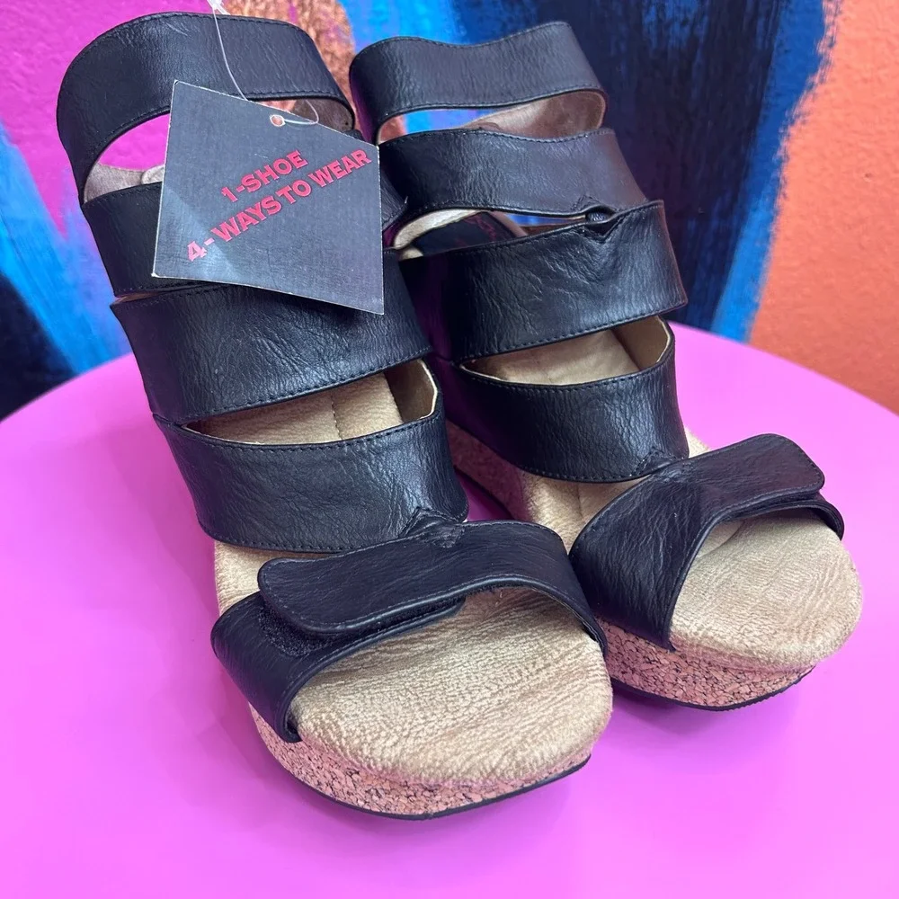 Modzori Womens 8 Wedge Sandals Black Gold Reversible Multi-Way NWT